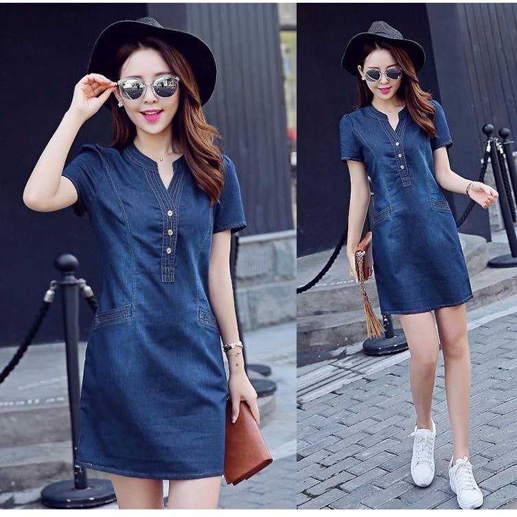 ĐẦM JEAN BIG SIZE FORM SUÔNG CỔ V TÚI XÉO